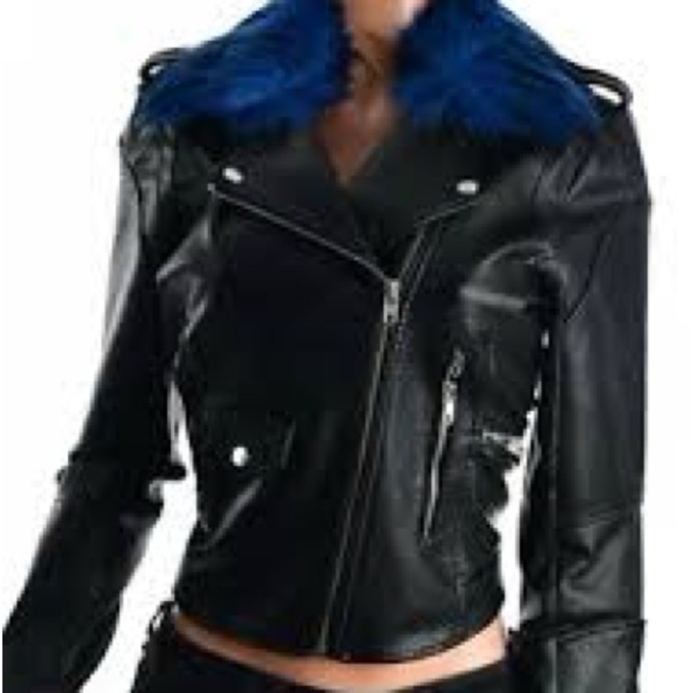 Members Only Black Leather Jacket with Blue Collar